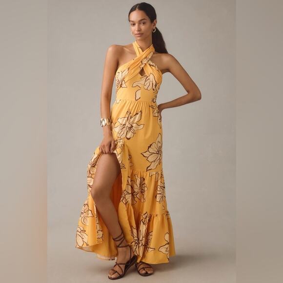 HUTCH Floral Halter Maxi Dress Maize Yellow Adjustable Neck Ruffle Slit 2 NEW - Picture 8 of 14